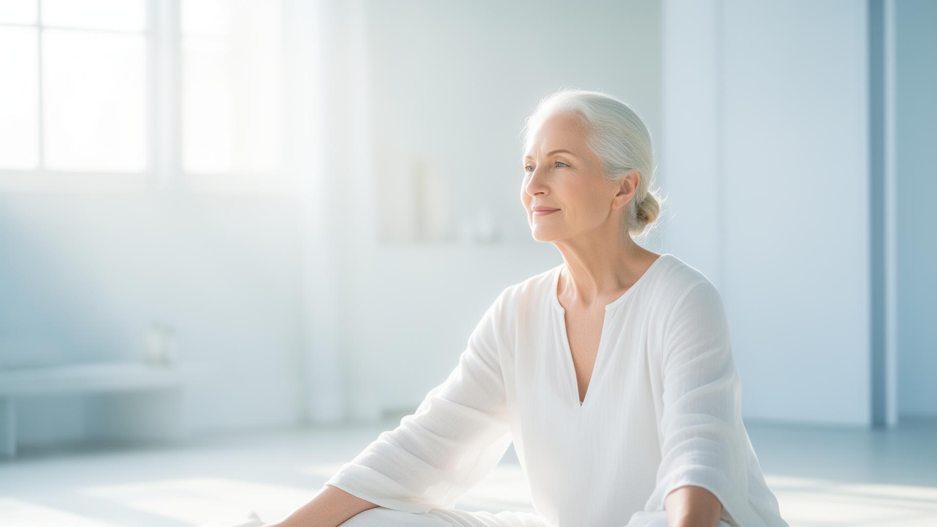 Radiant woman in sunlit minimal interior — graceful aging and vitality
